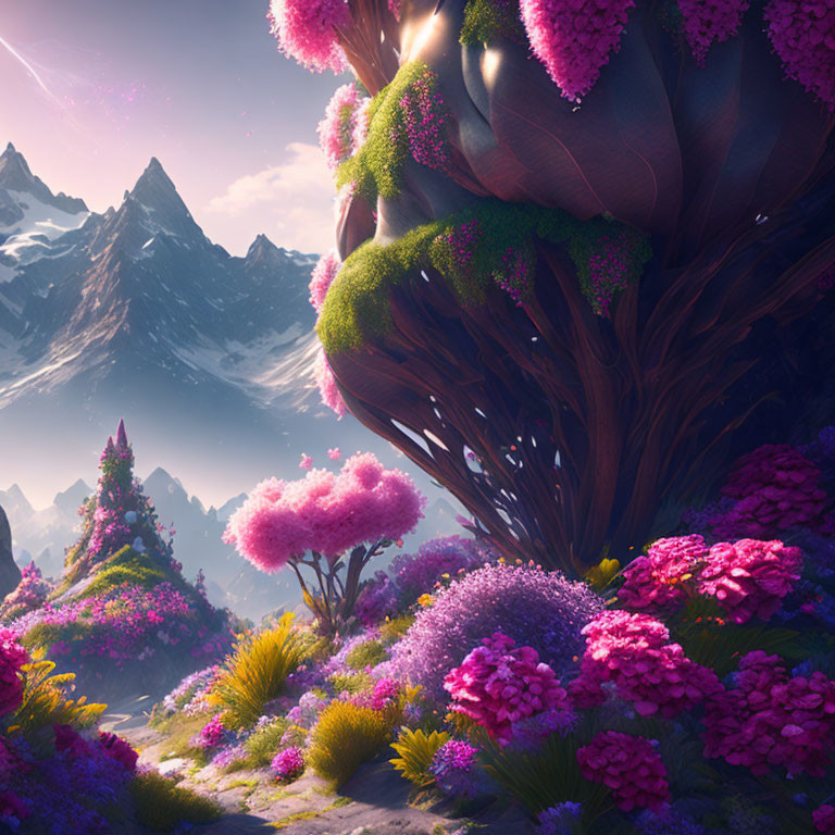 Lush Purple Foliage and Pink Trees in Fantasy Landscape