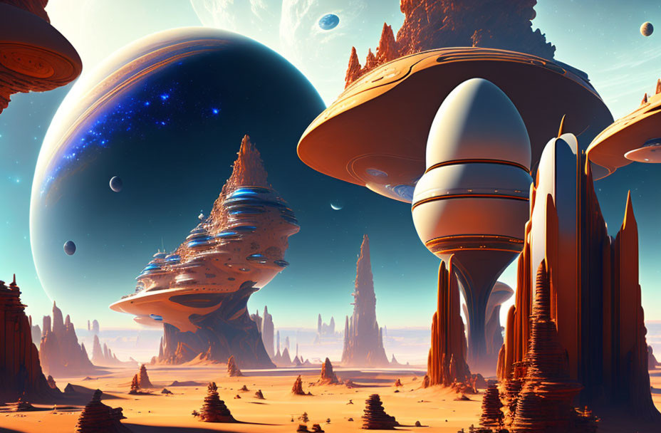 Futuristic alien landscape with towering structures and large planets in the sky