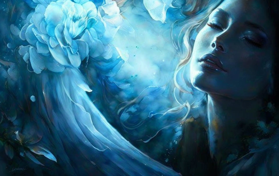 Woman merging with floral and aquatic elements in serene blue tones
