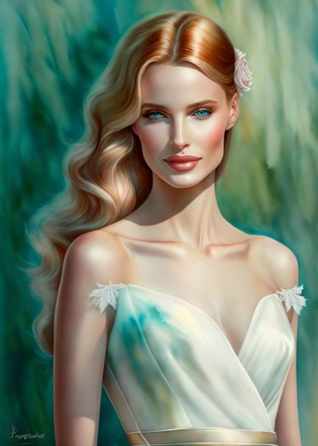 Blonde Woman in White Dress with Blue Eyes on Green Background