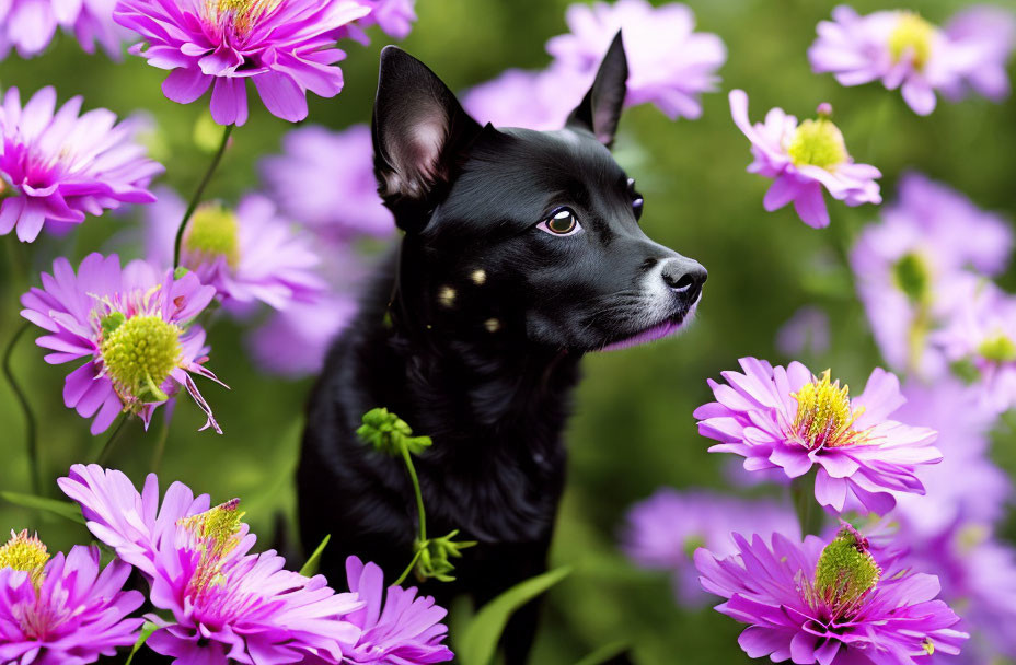 Black Dog Among Vibrant Pink and Purple Flowers