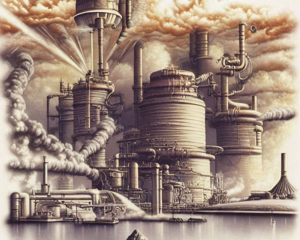 Steampunk-style industrial complex with towers, pipes, smoke, and futuristic train under dramatic sky