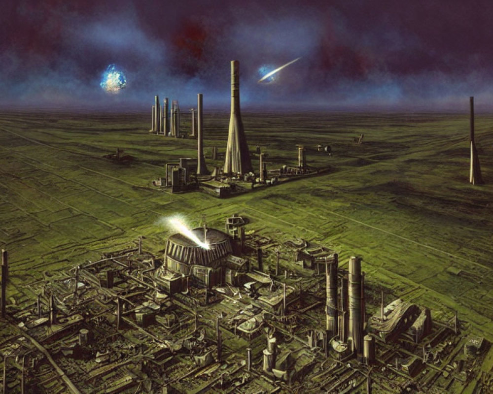 Futuristic industrial night skyline with tall chimneys and starry sky