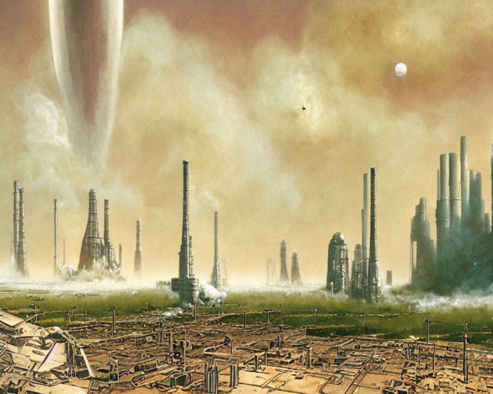 Industrial science fiction landscape with smoke plumes and planetary bodies in the sky