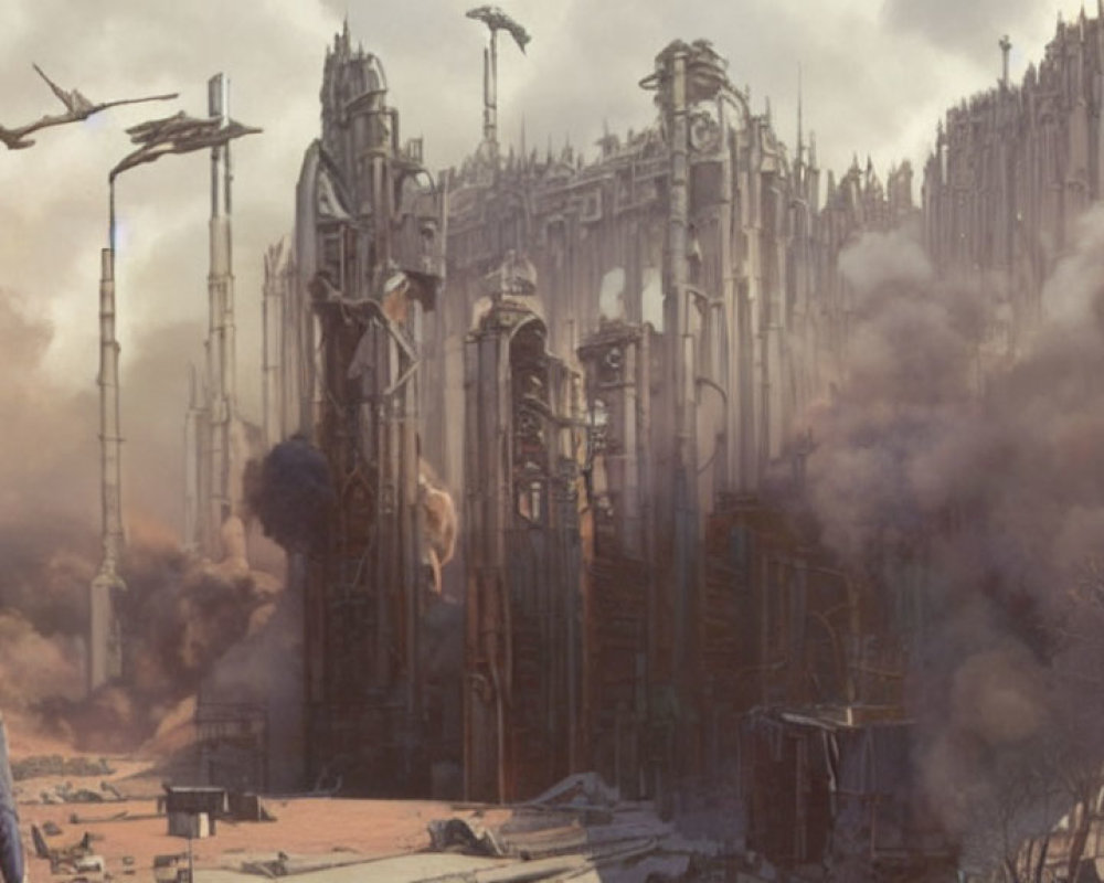 Dystopian landscape with ruins, towering structures, and flying crafts