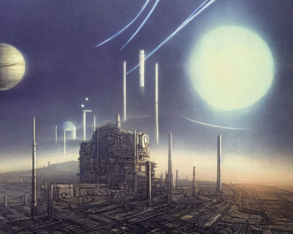 Futuristic cityscape with towering structures and multiple moons
