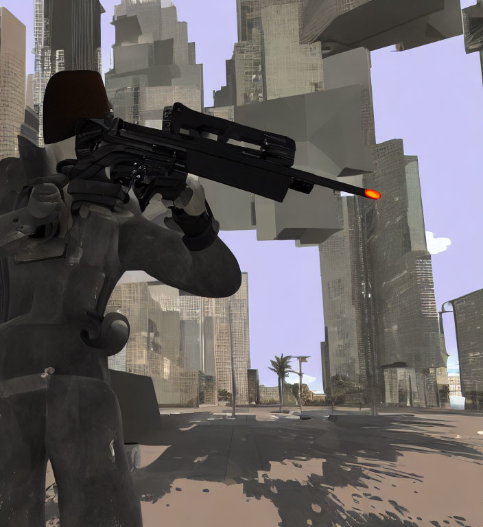 Person in combat gear with sniper rifle in futuristic urban setting