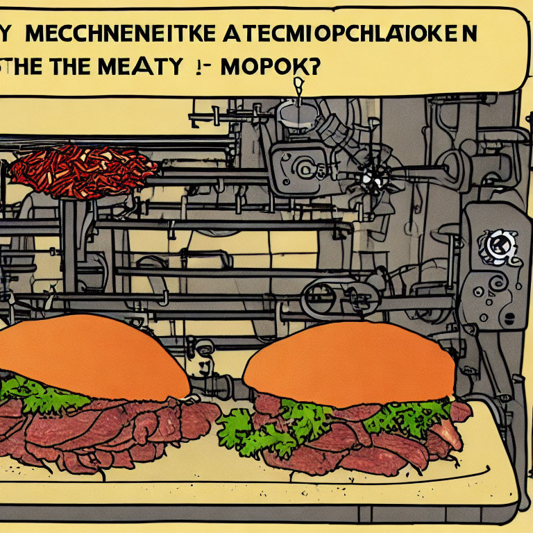 Illustration of Burger Assembly Line with Foreign Script Text Bubbles