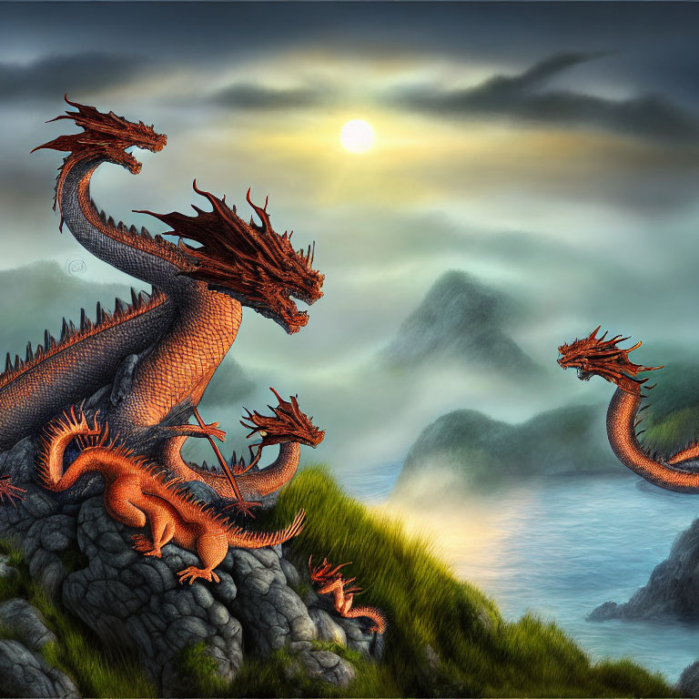 Majestic multi-headed dragon in misty mountain landscape at sunset