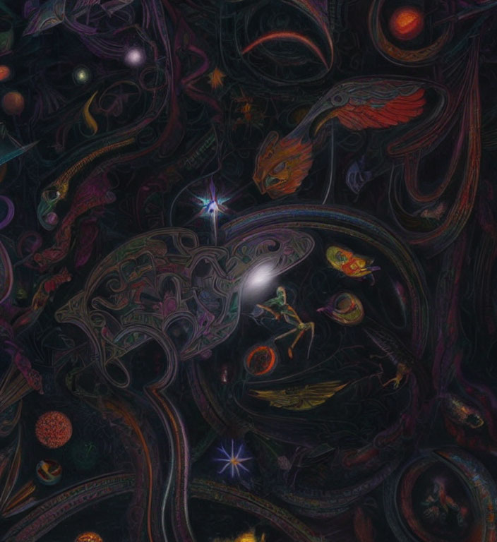 Intricate cosmic scene with celestial bodies, mythological creatures, and astronaut
