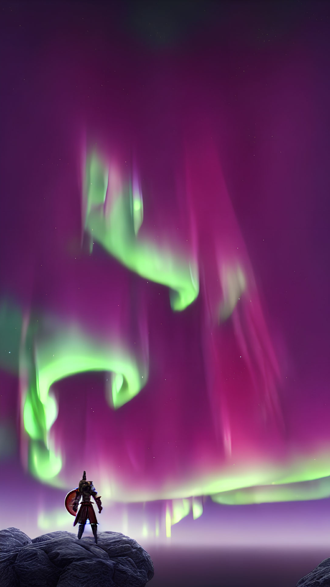 Solitary Figure on Rock Gazes at Aurora Borealis