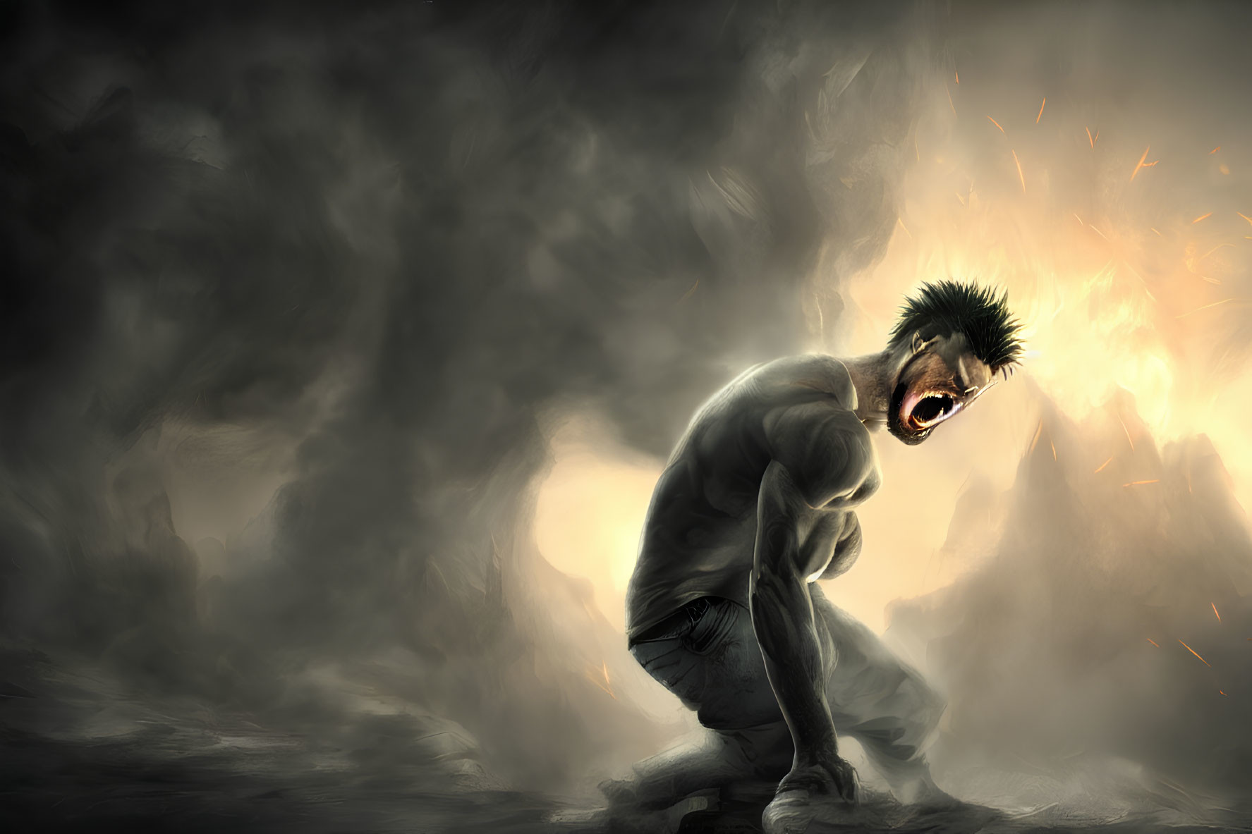 Man with anguished expression screaming in dark misty backdrop.