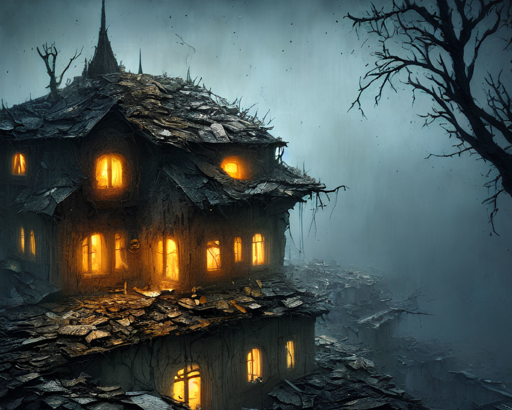 Eerie illustration of a dilapidated house on a cliff in a dark, rainy setting