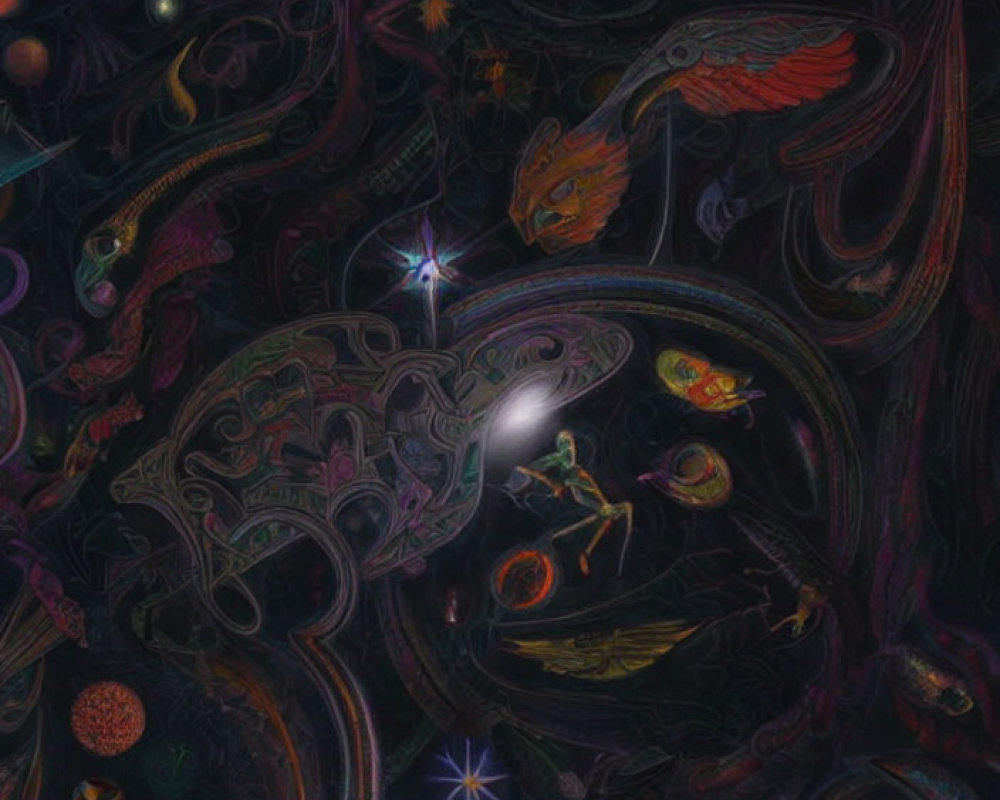 Intricate cosmic scene with celestial bodies, mythological creatures, and astronaut