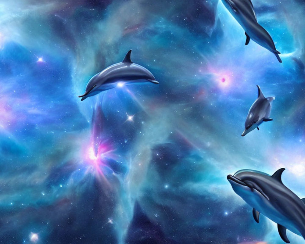 Dolphins swimming in starry nebula with blue and pink hues