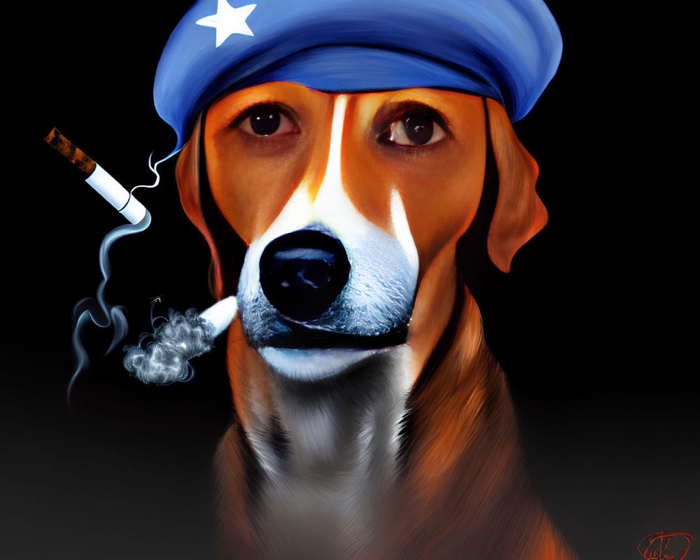 Digital artwork: Tough dog in blue beret smoking cigar on black background