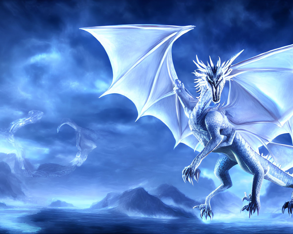 Blue dragon with large wings on craggy terrain in misty skies