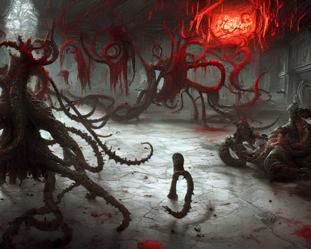 Sinister underwater scene with tentacled creatures in dark room