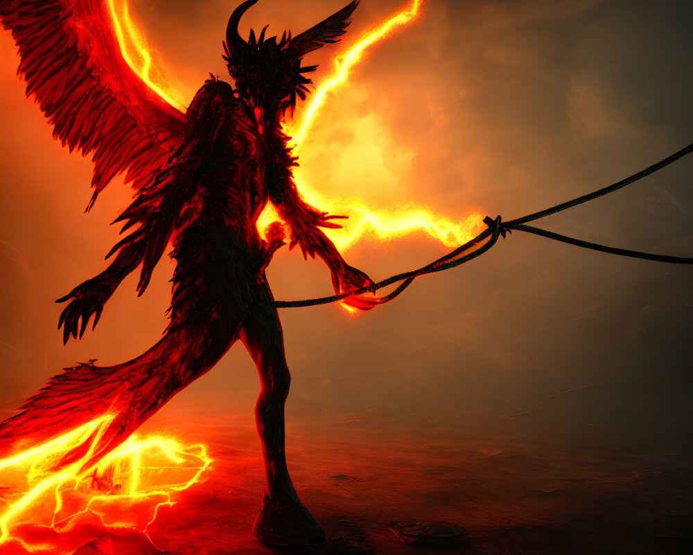 Fiery winged creature with burning spear in volcanic landscape