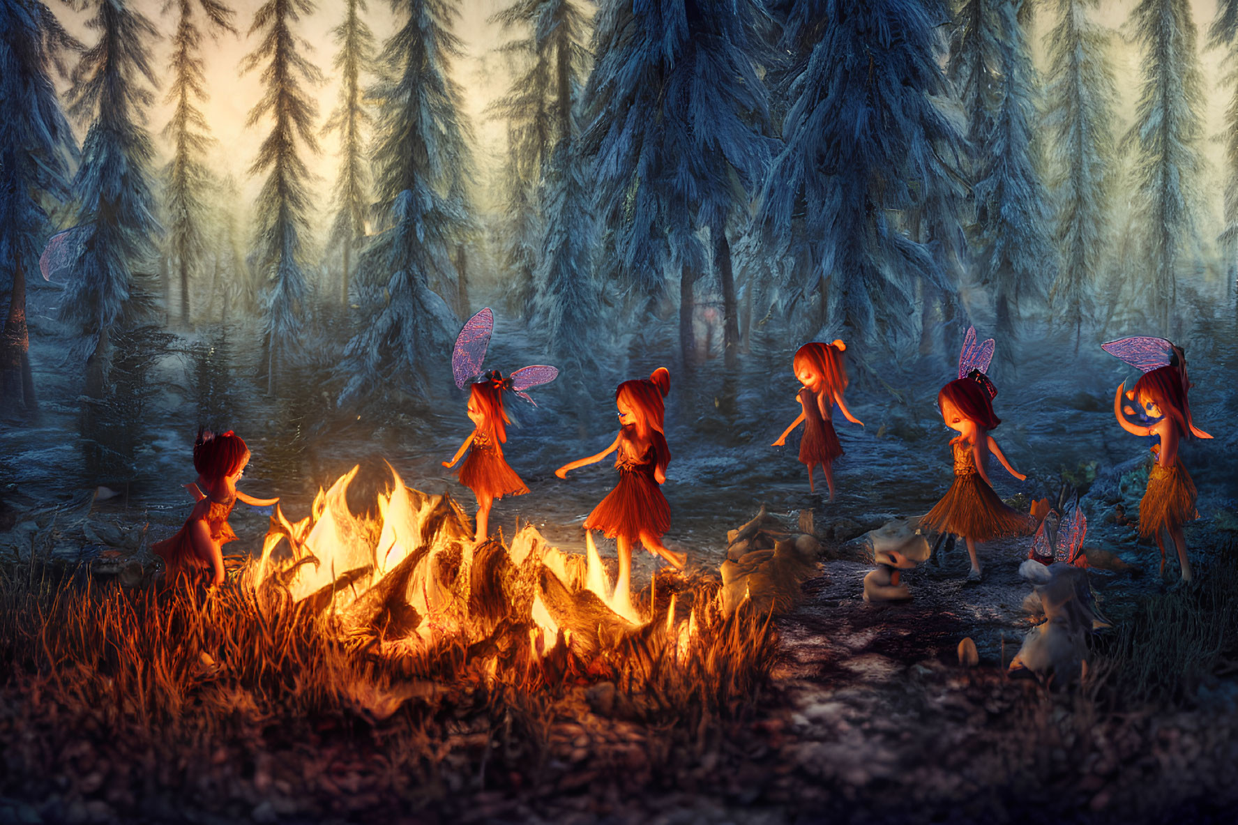 Whimsical fairies with glowing wings dancing in enchanted forest at twilight