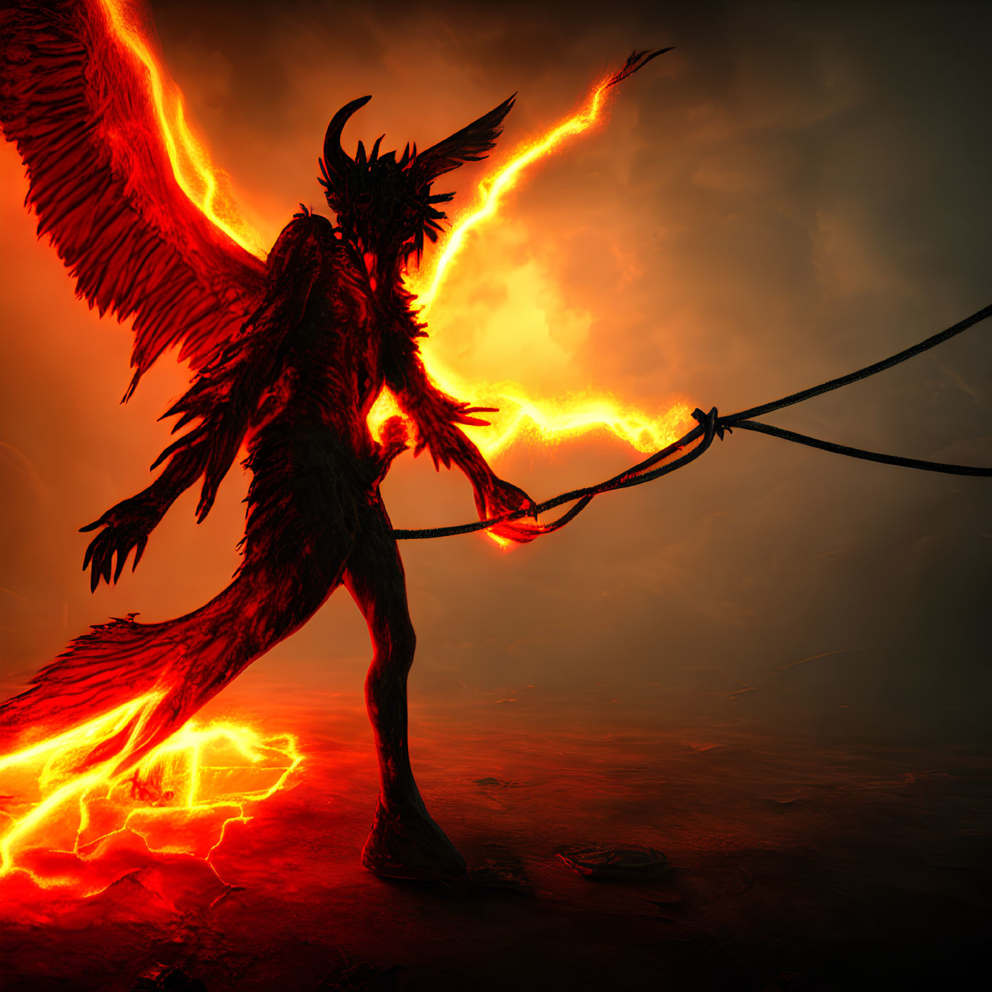 Fiery winged creature with burning spear in volcanic landscape