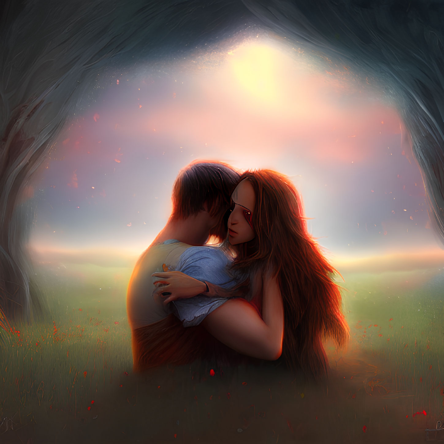 Romantic couple embracing under tree in dreamy landscape