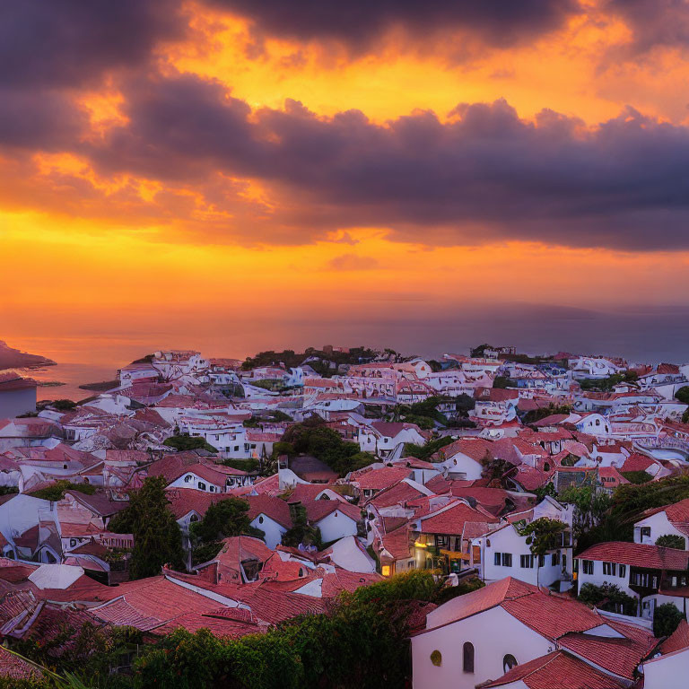 Scenic coastal town sunset with orange clouds and terracotta rooftops