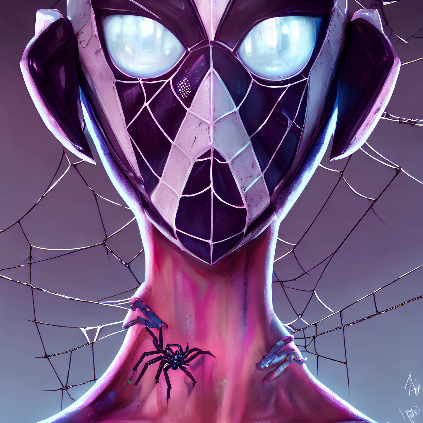 Character with Spider-Themed Mask and Glowing Eyes Illustration