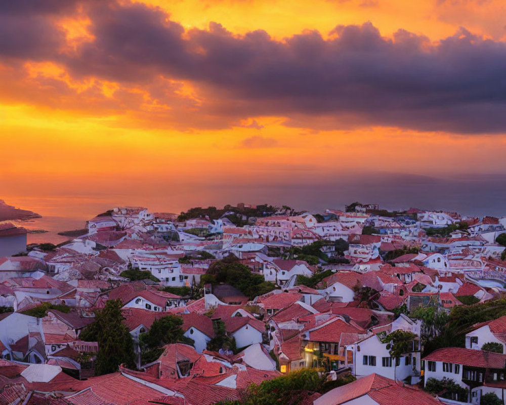 Scenic coastal town sunset with orange clouds and terracotta rooftops