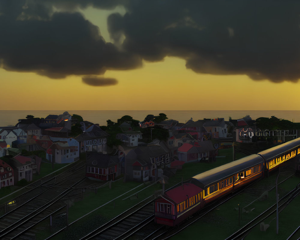 Coastal Town Sunset Scene with Train and Colorful Houses