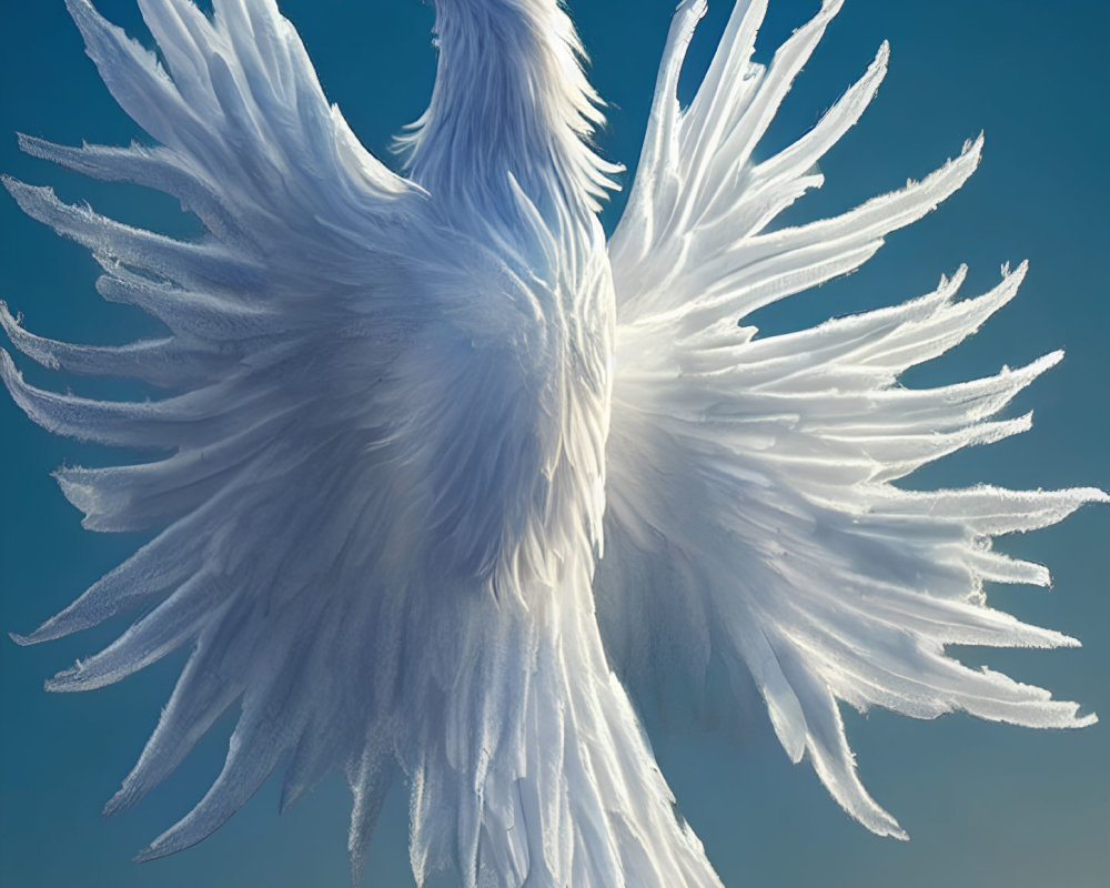 White Phoenix with Spread Wings on Blue Background: Majestic and Detailed Feathers