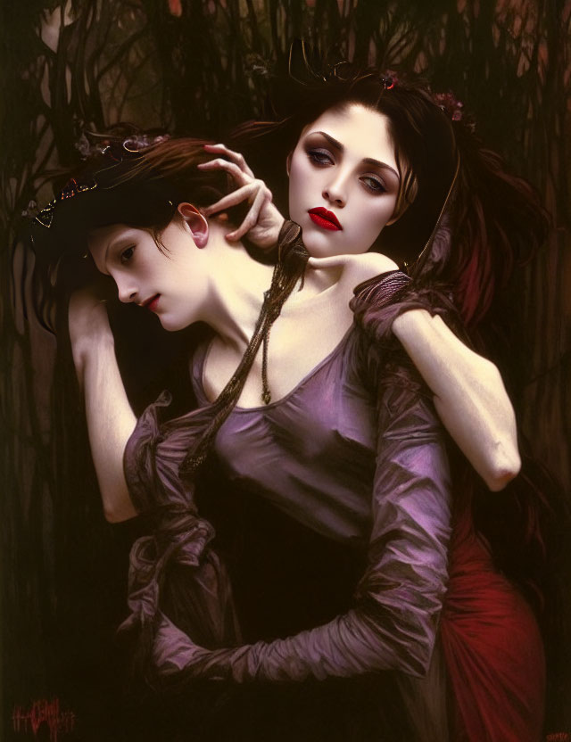 Two women in gothic attire with dark makeup in ethereal pose against nature backdrop