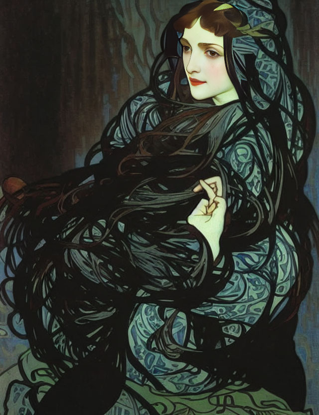 Stylized portrait of woman with dark hair and blue-green patterns