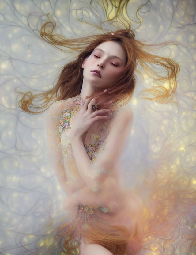 Ethereal portrait of a woman with flowing hair and glowing orbs.