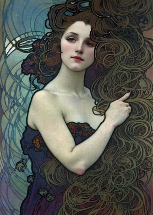 Art Nouveau Woman Portrait with Flowing Hair and Floral Dress