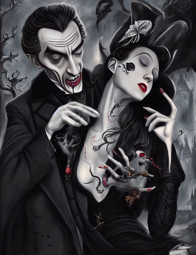 Gothic vampire and elegant woman in dark setting