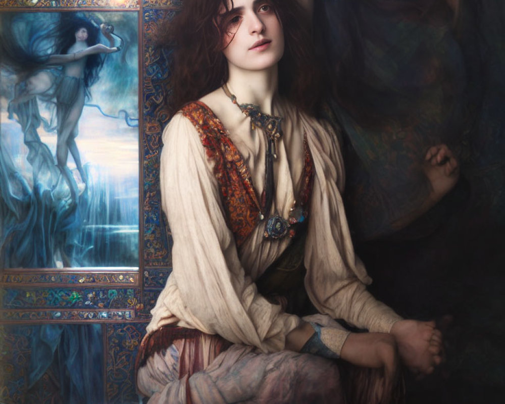 Tousled hair woman in bohemian dress with jewelry against blue art