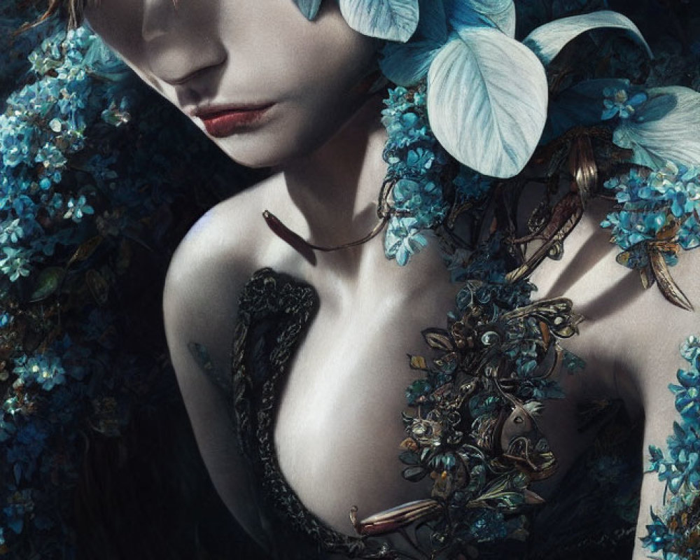 Portrait of a person with pale skin surrounded by blue flowers and ornate jewelry