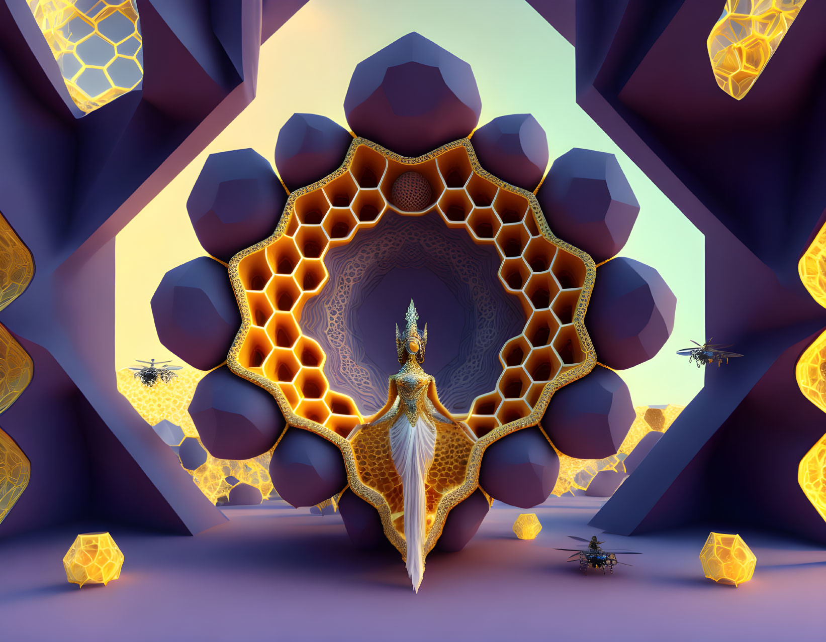 Insectoid goddess inside infinite honeycomb