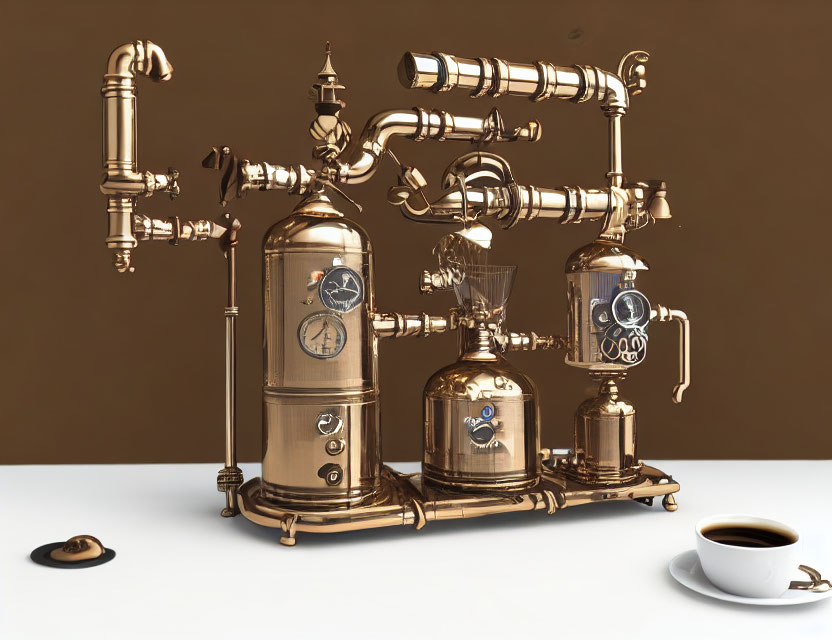 Brass Steampunk Coffee Machine with Gauges and Bowler Hat