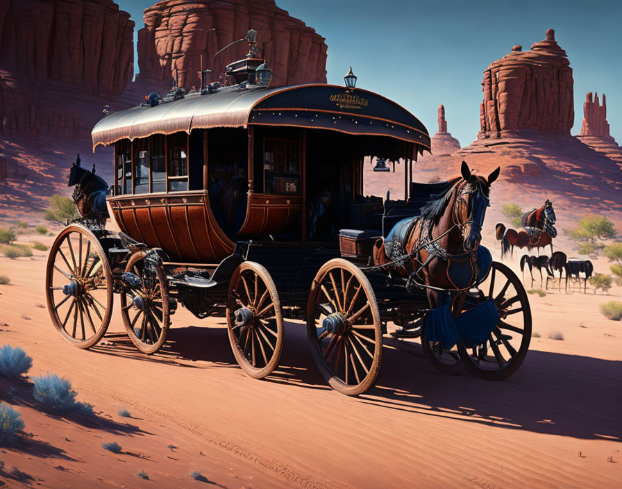 Ornate horse-drawn stagecoach in desert landscape with red rock formations