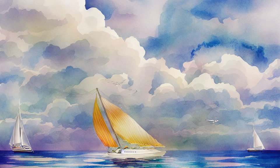 Tranquil watercolor painting of sailboats under fluffy clouds
