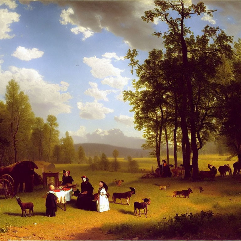 Rural gathering with animals and landscape scenery