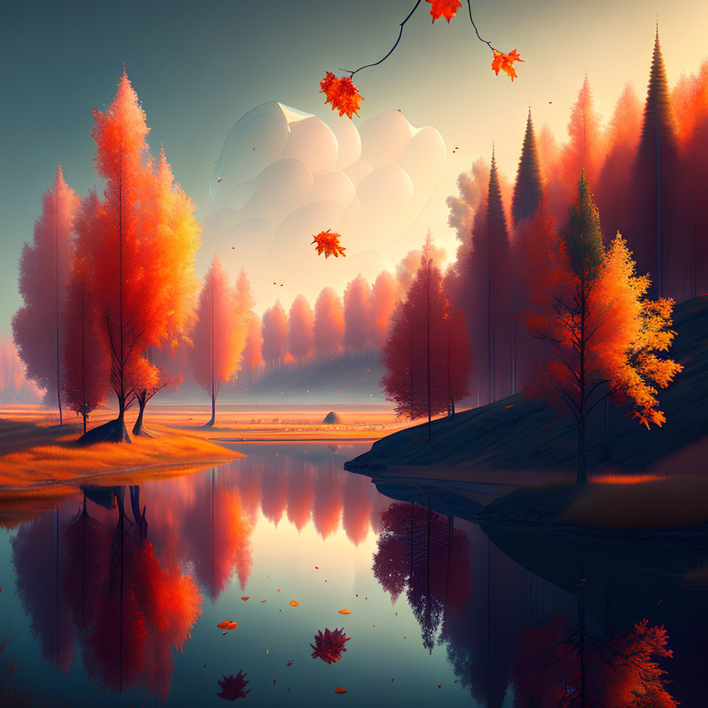 Vibrant autumn landscape: orange trees, calm lake, falling leaves, multi-mooned sky