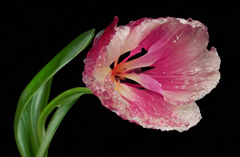 Pink and White Tulip with Water Droplets on Petals on Black Background