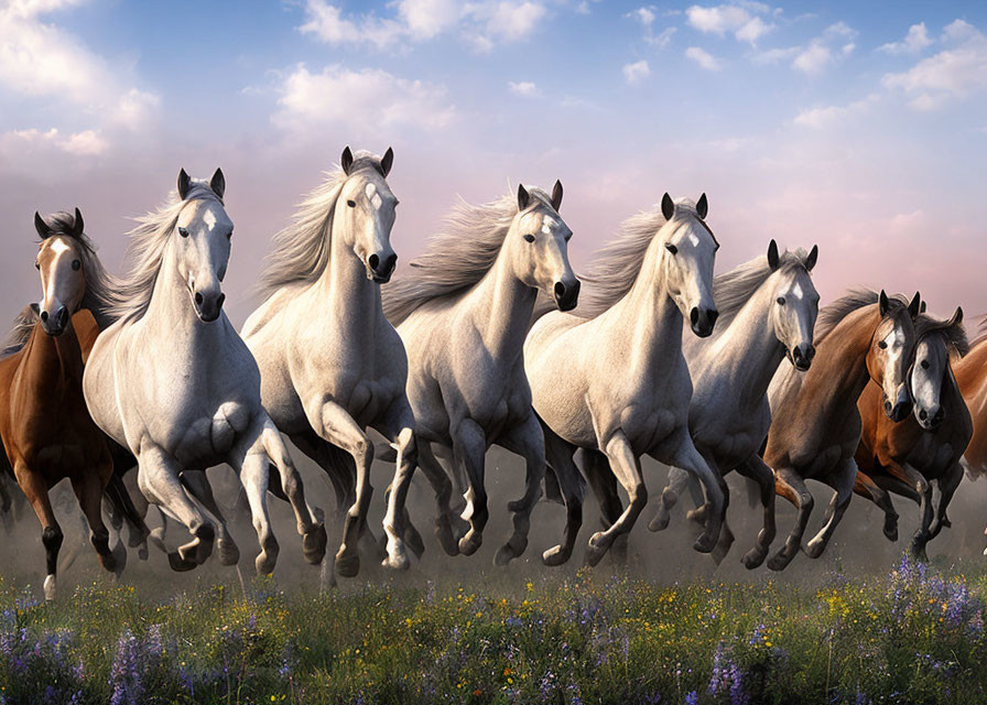 Herd of horses with various coat colors running in field with wildflowers