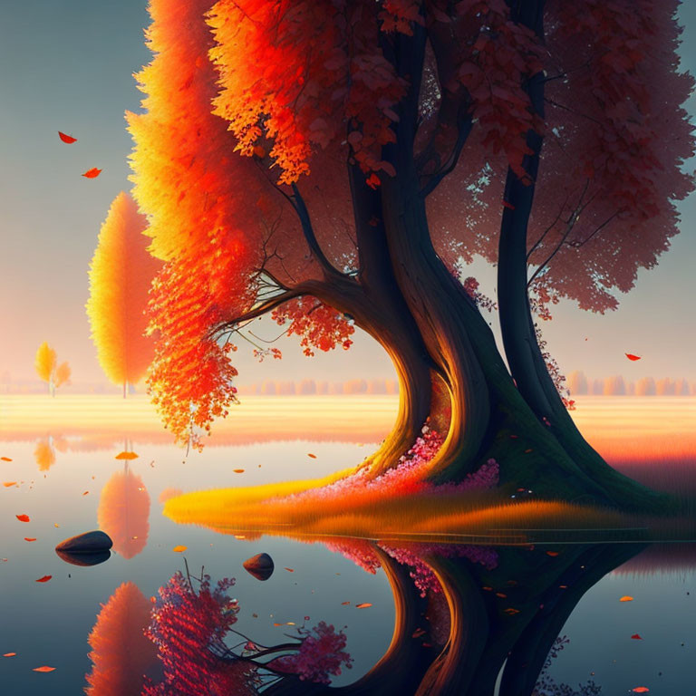 Tranquil autumn landscape with vibrant orange trees and reflective lake