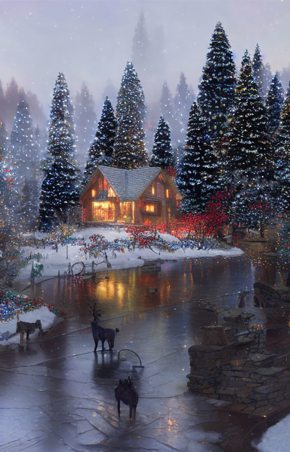 Snowy cabin scene with festive lights and falling snowflakes