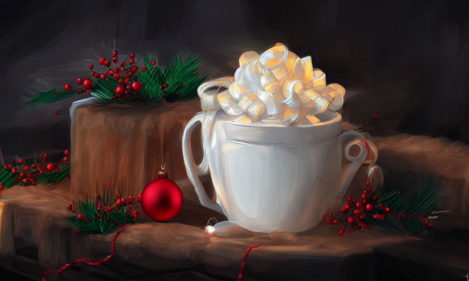 Festive white mug with marshmallows, pine branches, and Christmas decor