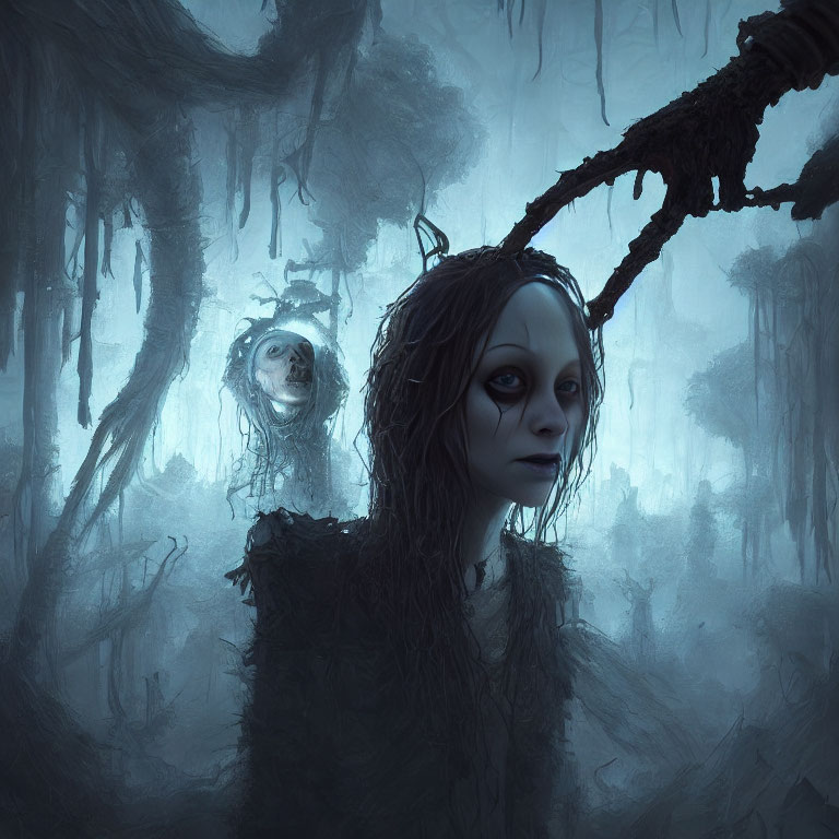 Eerie depiction of pale-faced figures in dark forest